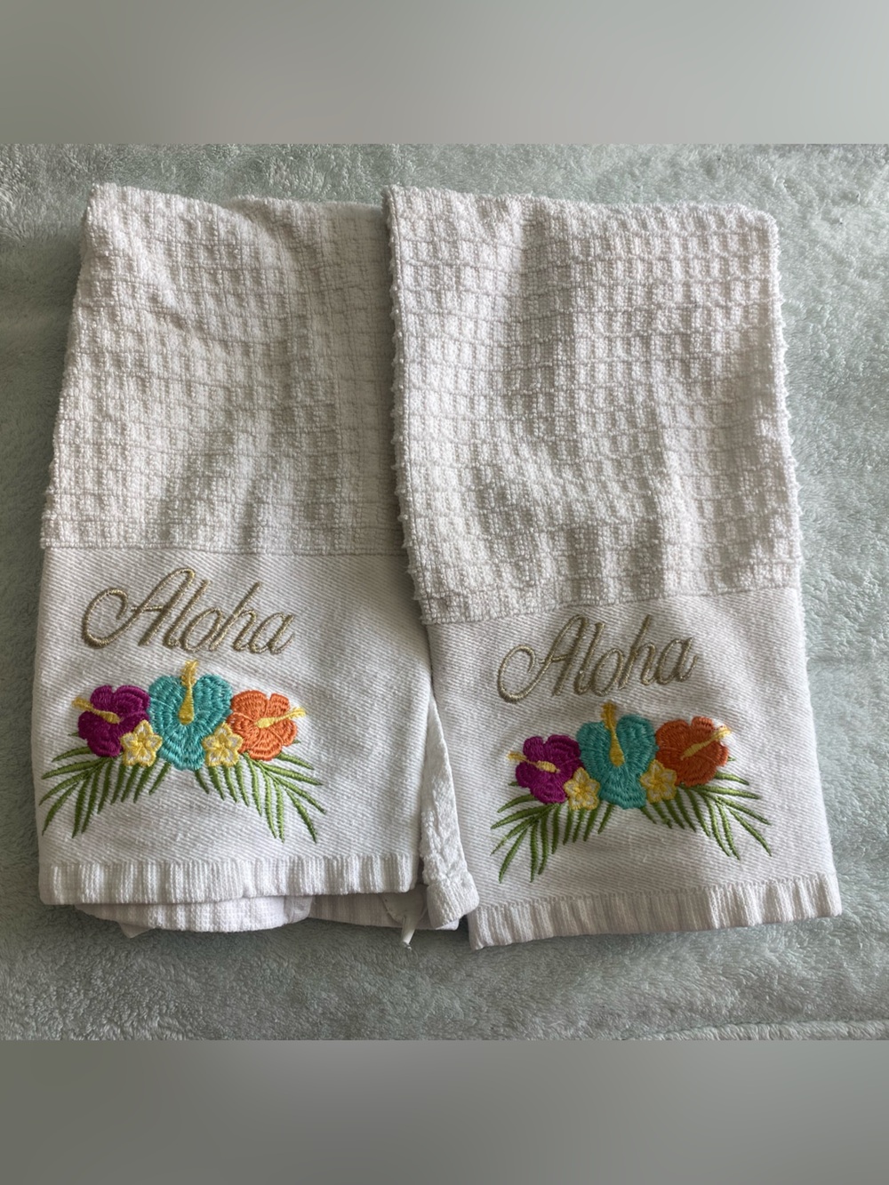 White Embroidered 'Aloha' Hand Towels with Tropical Floral Design